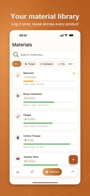 CraftCost material library: log a material once and reuse it everywhere