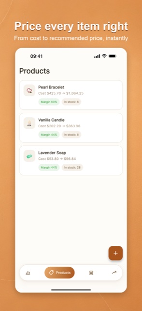 CraftCost products: each item with its cost, price, and margin