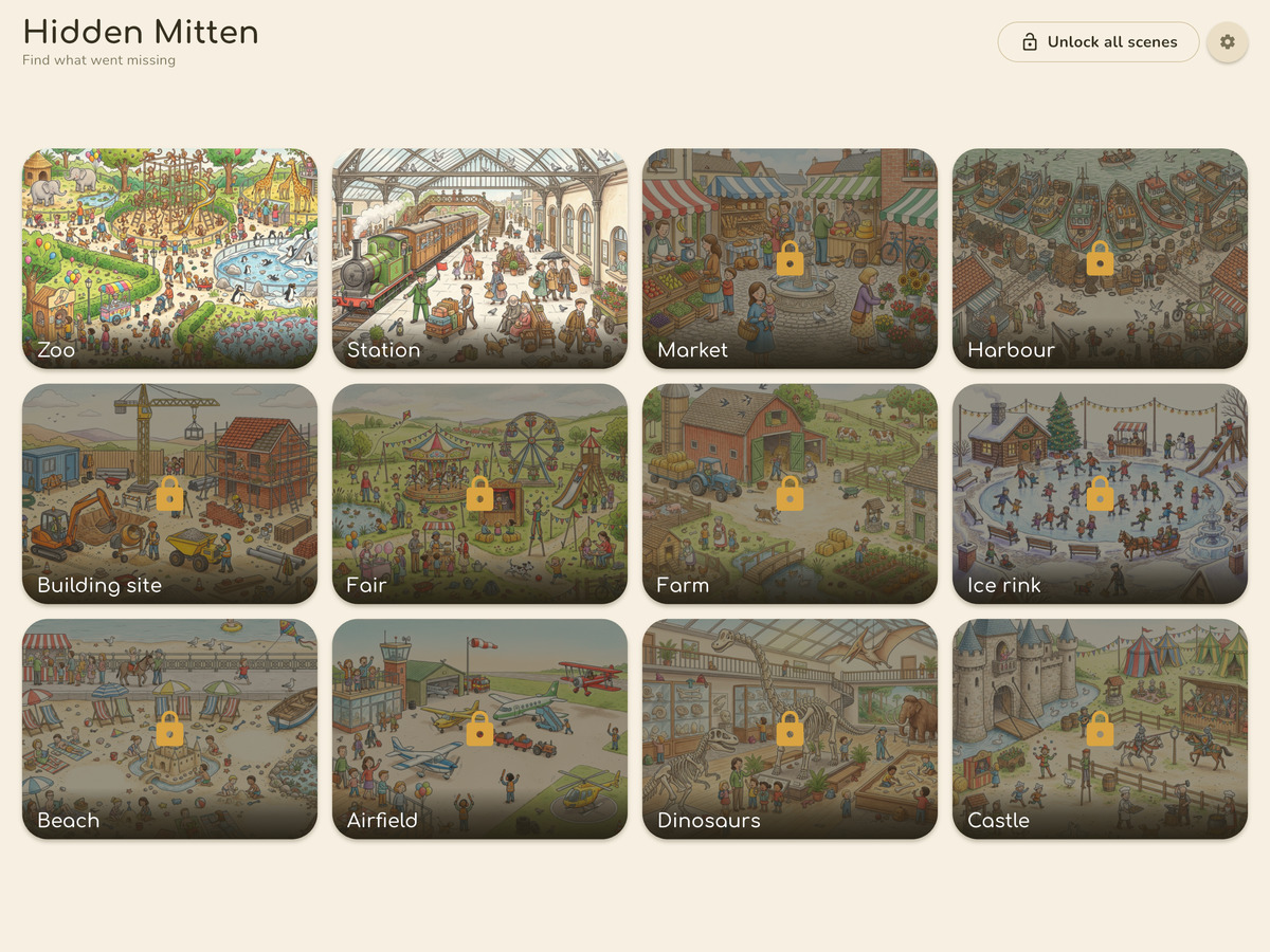 Hidden Mitten scene picker on iPad - twelve hand-drawn scenes, the zoo and the station free, the other ten locked