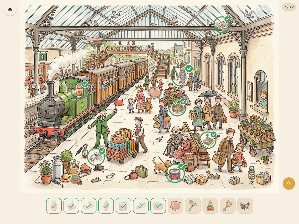 Hidden Mitten gameplay - the station scene, with all twelve things to find shown along the bottom and the found ones ticked off