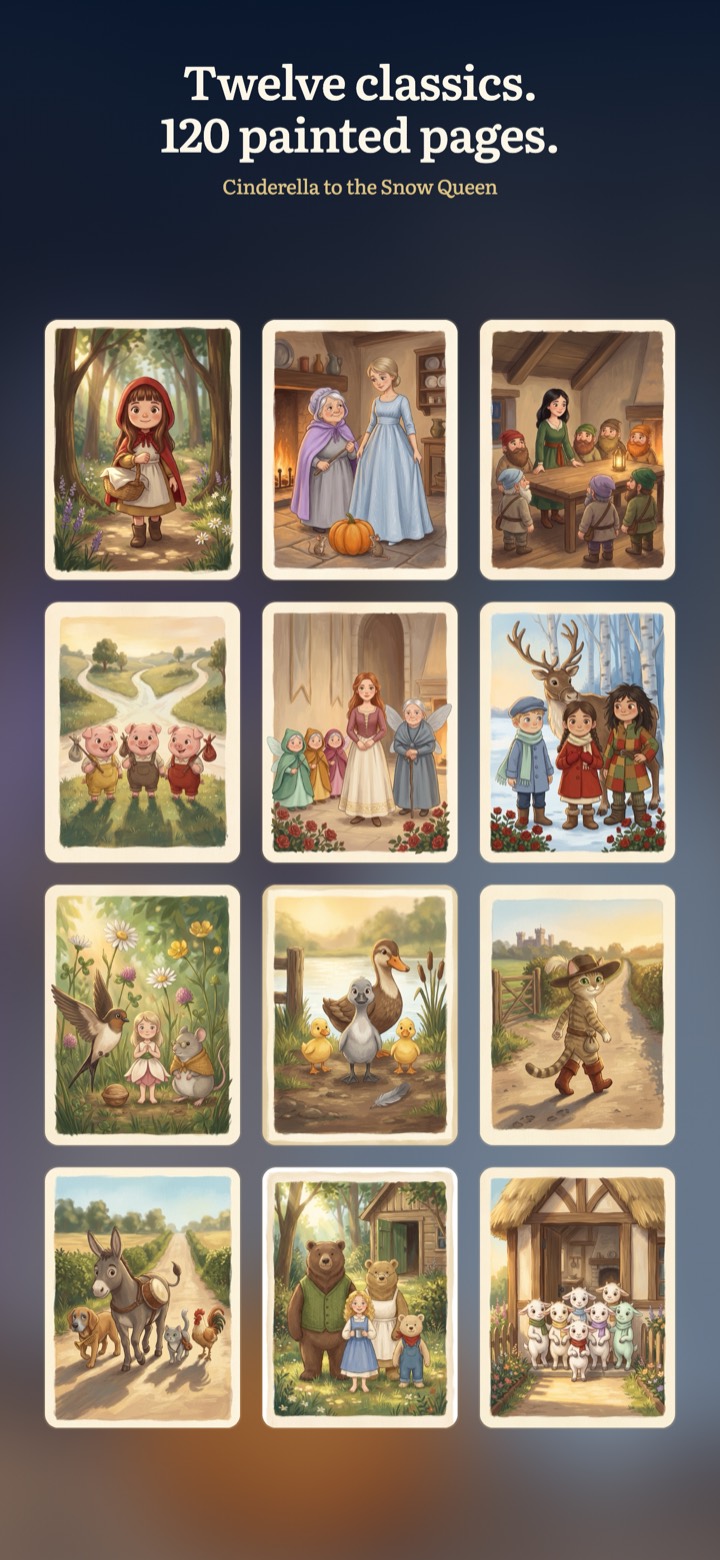 The Pillowbook shelf, showing the covers of the classic fairy tales.