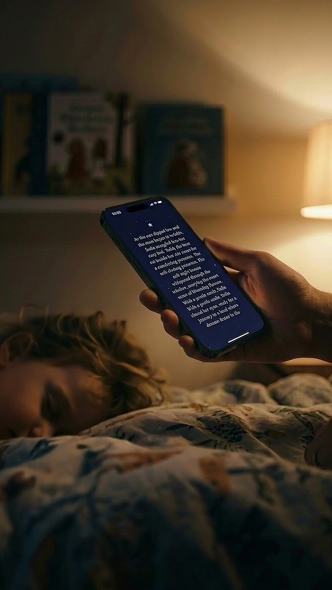 Warm bedside scene for reading a calm bedtime story on a phone.