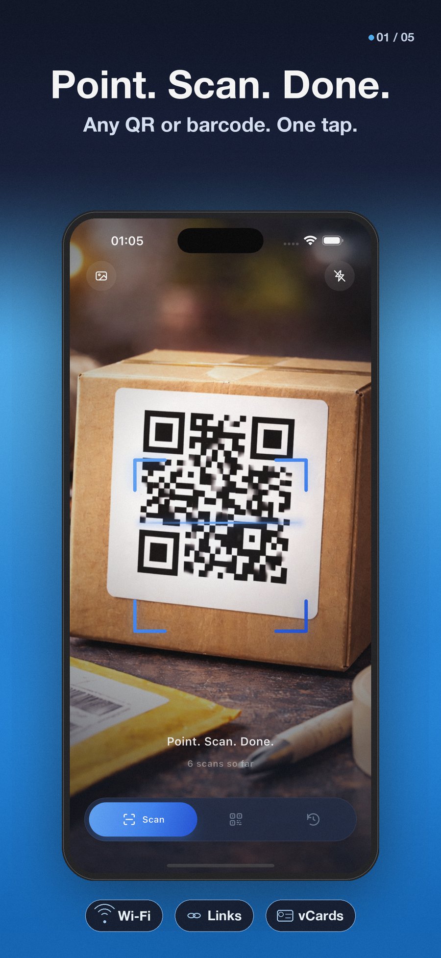 QR Snap scanner viewfinder reading a code, with the preview sheet showing the destination domain before the link opens.