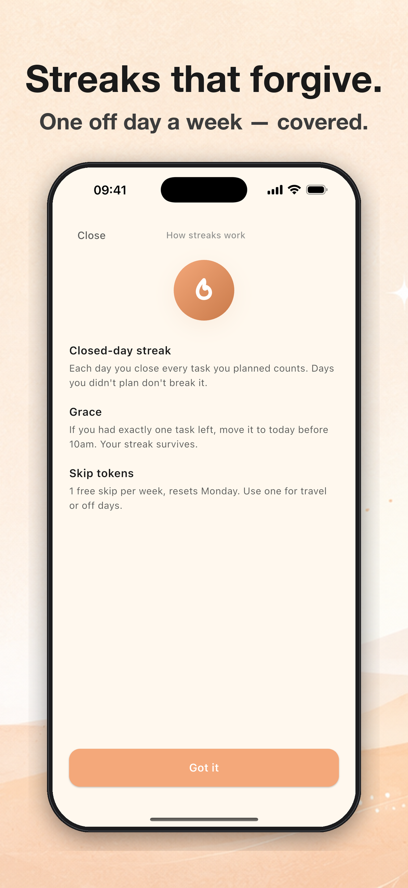 How streaks work - closed day, grace, skip tokens