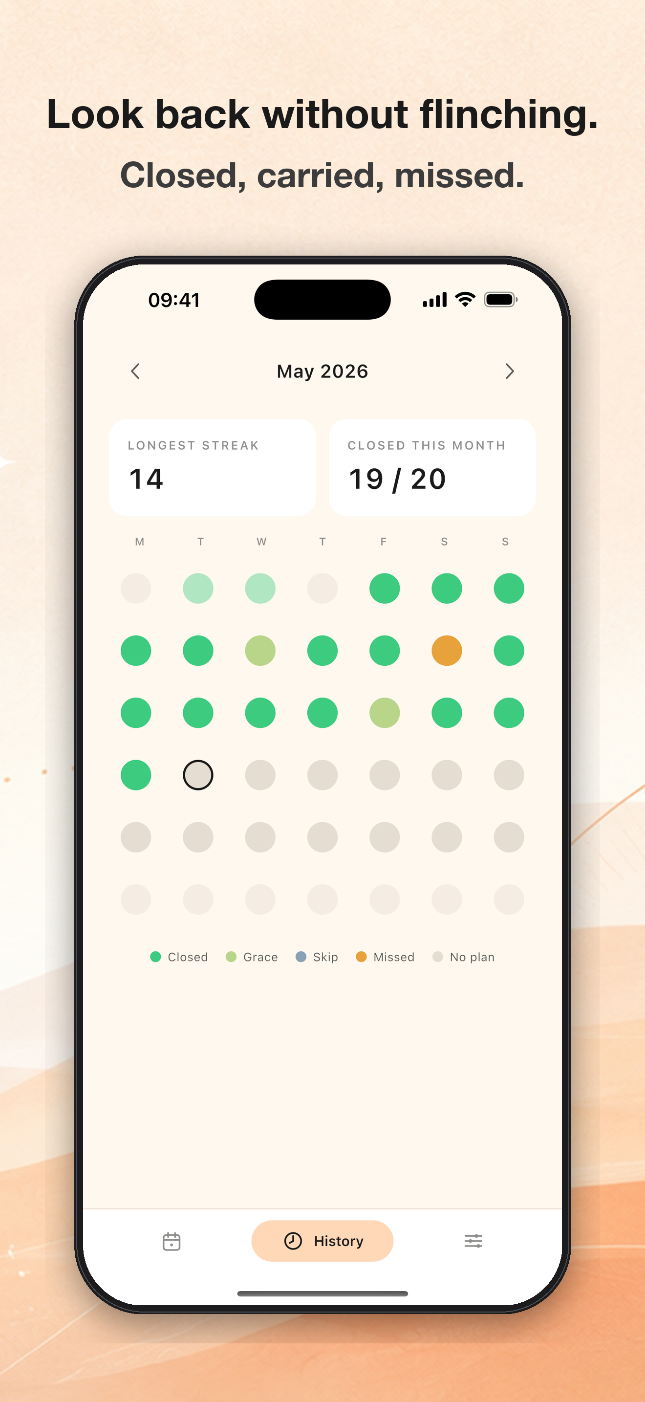 Calendar history with closed, grace, and missed days
