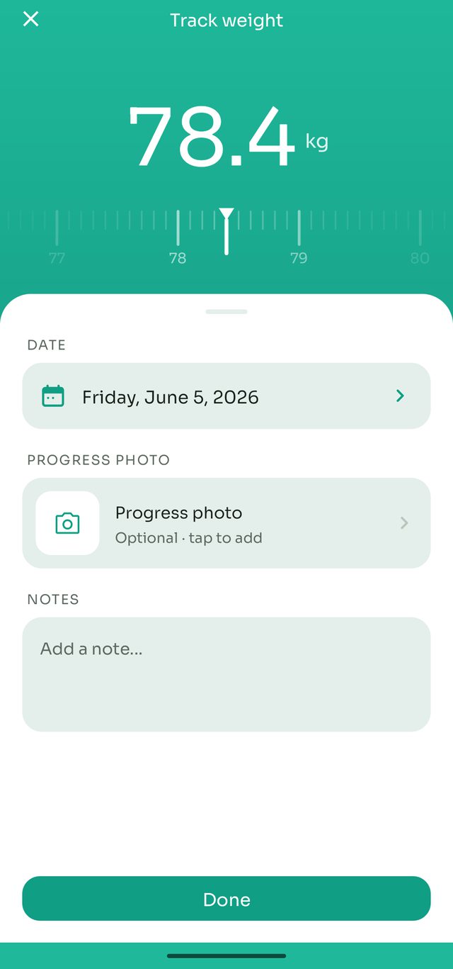 Logging a weight with date, optional progress photo and a note